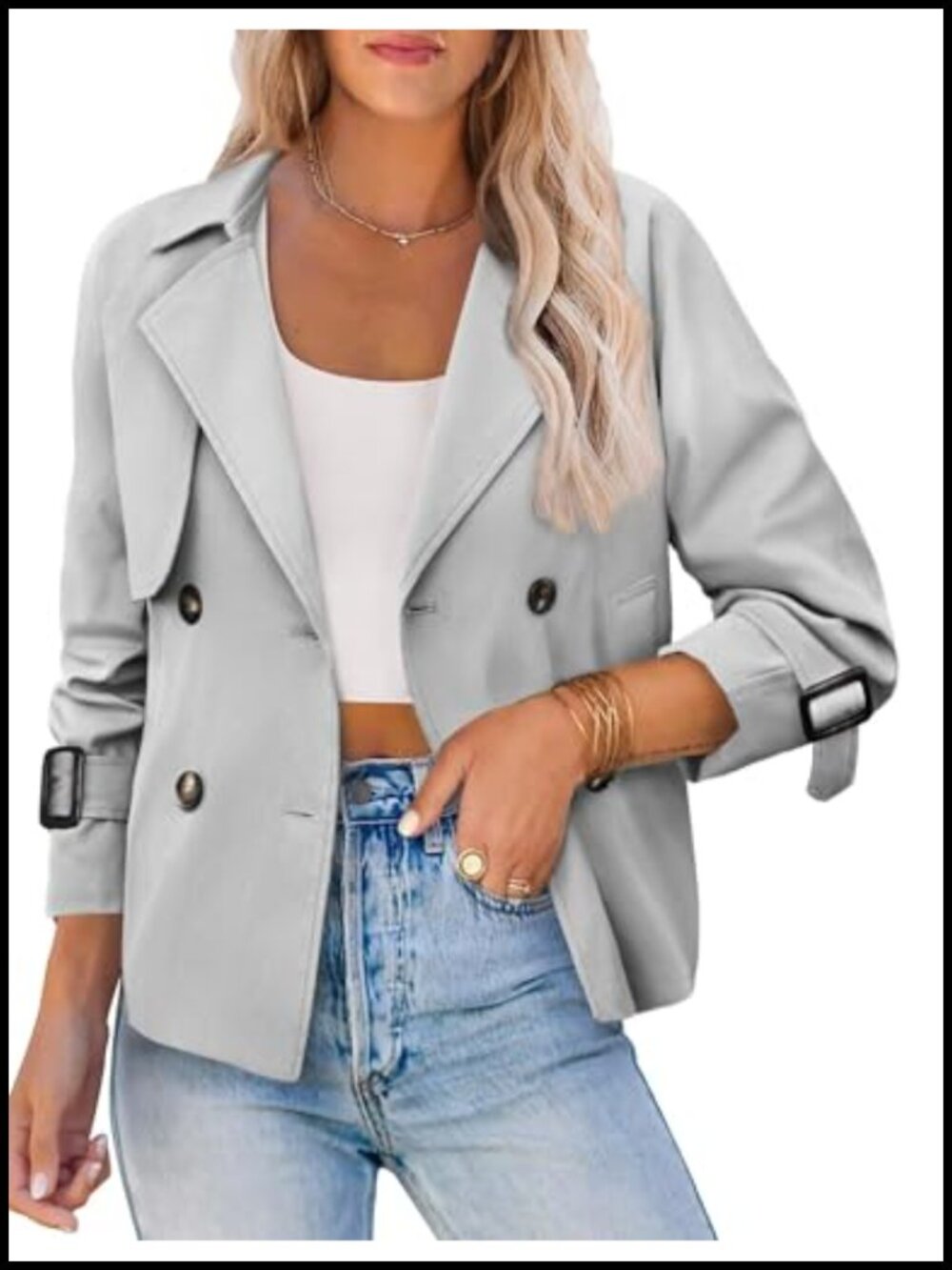 Women's Cropped Trench Coat Double Breasted Short Jacket with Pockets